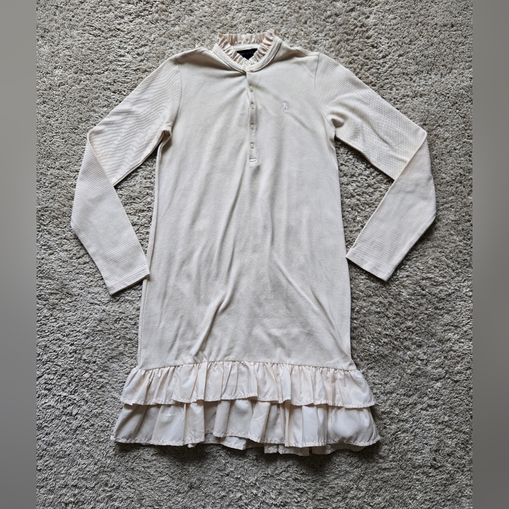 Ralph Lauren Dress Girls L(12/14) Long Sleeve Ruffle Cotton Cream Ivory